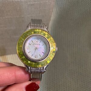 Chico's Silver Tone Green Abalone Look Green Watch Battery Works!